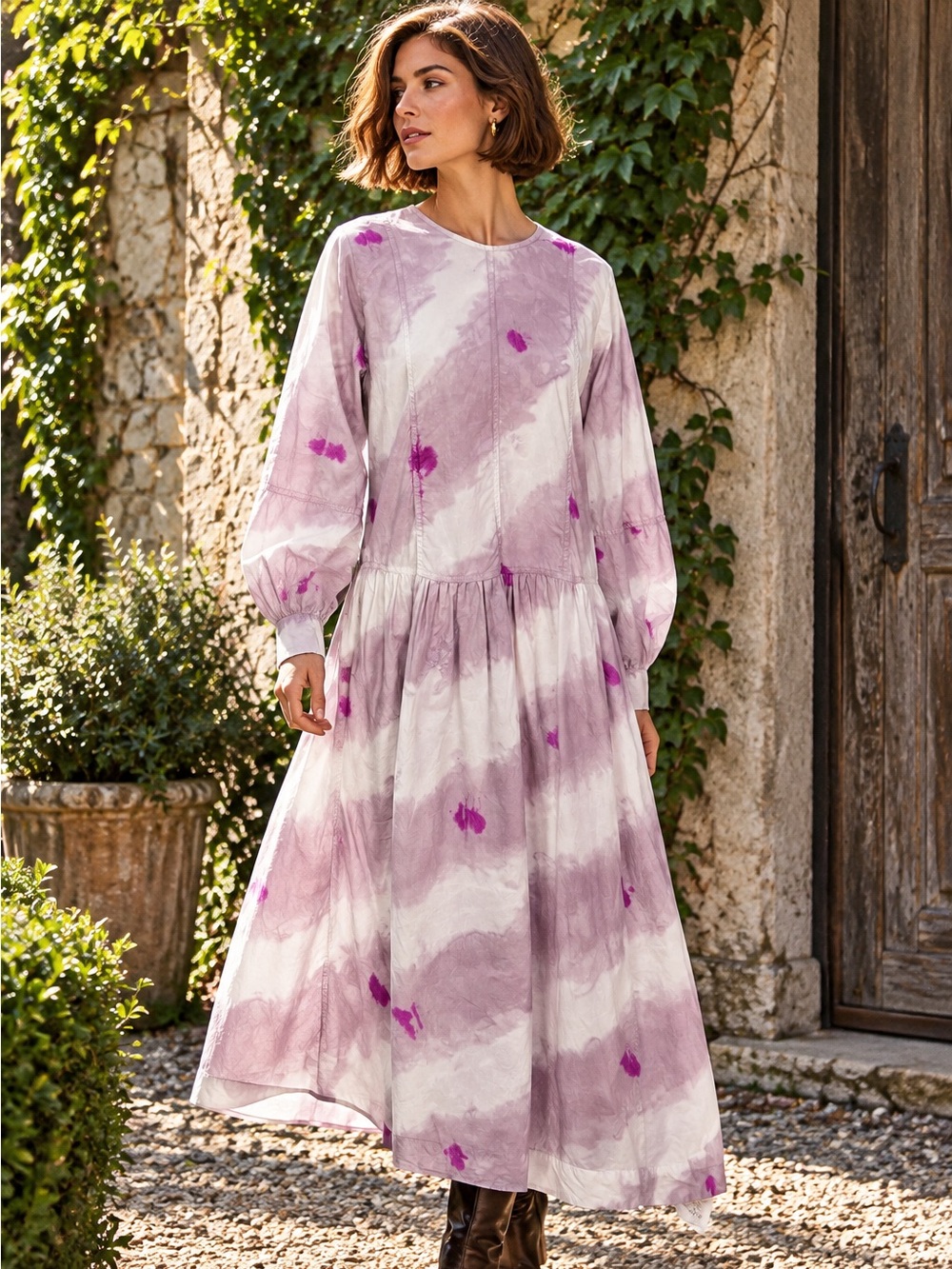 SEA NEW YORK Lavender Tie-Die Drop Waist Cottagecore  Designer Midi Dress, S
